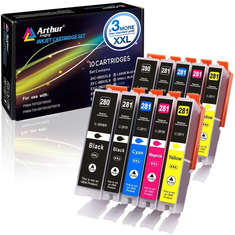 Arthur Imaging Compatible Canon Ink cartridges 280 and 281 Replacement PGI-280XXL CLI-281XXL PGI 280 XXL CLI 281 XXL PIXMA TR7520 TR8520 TS6120 TS6220 TS8220 TS9120 TS9520 TS9521C Printer (10 Pack) - Image 1